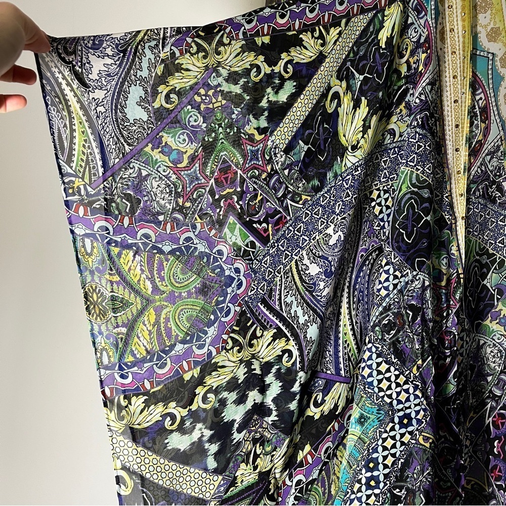Chico's Vibrant Purple & Yellow Patterned Kimono Top Size L/XL Handkerchief Hem - Picture 6 of 8